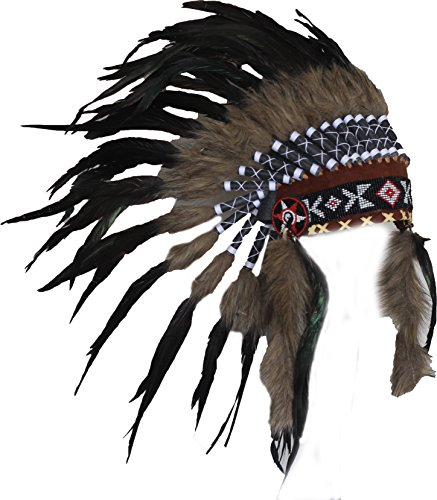 KARMABCN Kurzer Indischer Kopfschmuck aus Weißen Schwanenfedern mit Schwarz Gesprühten Punkten - Ideal für Indianer Kostüm - Handgefertigter Federn Kopfschmuck - 90 cm Hoch, 30 cm Breit