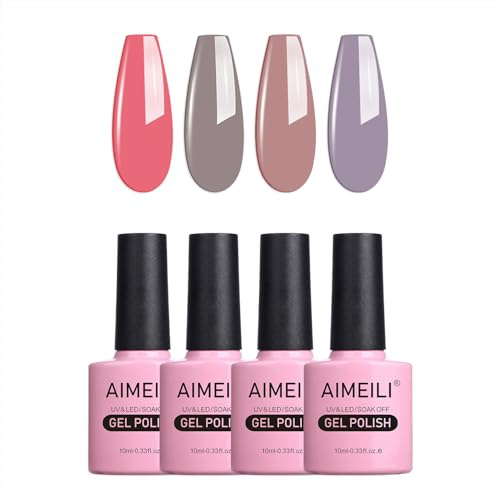 AIMEILI Semi-permanenter Nagellack, Set mit 4 x 10 ml, Korallenrot, Nude, Rosa, Naturgrau, Set mit Nagellack, Soak Off-Gel, UV, LED, Maniküre-Set, 18 Stück
