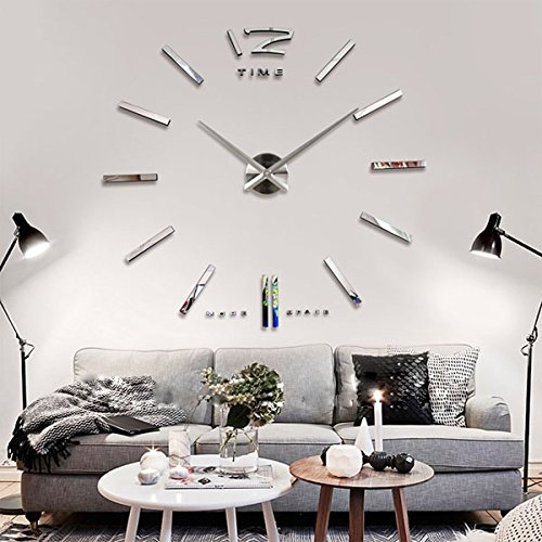EsportsMJJ Grande Grande DIY Frameless Pared Reloj Kit 3D Espejo Decoración Plata