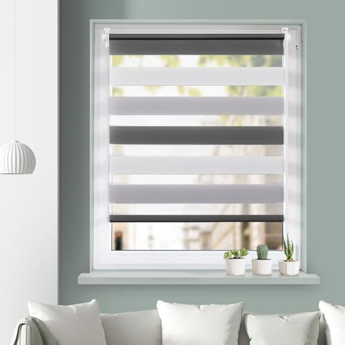 Grandekor Tende a Rullo per Interni Doppio Strato 90l x 120A cm (Tessuto 86 cm) Bianco-Grigio Carbone Tenda a Rullo Facile Installazione- Ideale per Soggiorno Ufficio Trasparente & Oscurate