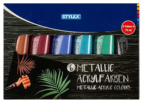 Stylex 28628 - Acryl-Farben im Set, 6 Metallic-Farben à 75 ml, matte Malfarben auf Wasserbasis zum Malen und Basteln, für viele Untergründe geeignet, hochpigmentiert und wasserfest