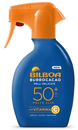 Bilboa Burrocacao Sonnenspray Trigger SPF 50+, hoher Sonnenschutz für empfindliche Haut, Formel mit Vitamin C, feuchtigkeitsspendend, nährt und schützt, ohne Alkohol, dermatologisch getestet, 250 ml