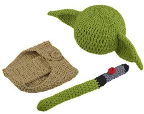 Tongdejing Conjunto disfraces bebé Trajes ropa para recién nacidos Funda pañal hecha a mano Sombrero Yoda punto ganchillo Cumpleaños suave Regalo ducha dibujos animados lindo Fotografía Prop
