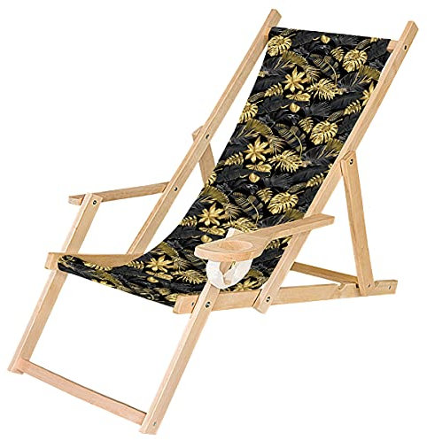 Ferocity Tumbona Plegable de Madera con Reposabrazos y Soporte para Bebidas Silla de Playa Personalizable Diseño Palmas de Oro [119]