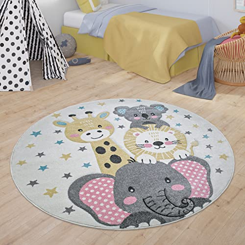 Paco Home Kinderteppich Kinderzimmer Moderne Pastell Farben, Niedliche Motive, 3D Effekt, Grösse:200 cm Rund, Farbe:Creme 4