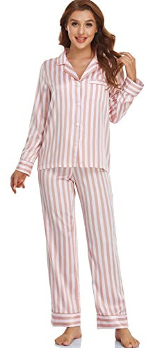 Serenedelicacy Ensemble de pyjama en satin à manches longues et boutons pour femme, Rose fumé/rose pâle, rayures, XS