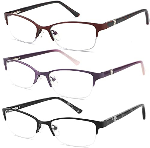HOTJOJO 3 Pack Reading Glasses for Women Blue Light Blocking, Metal Oval Half Frame Womens Readers Glass with Spring Hinge, Anti Blue Ray Reduce Eye Strain Glare Headache(250 Magnification Strength)