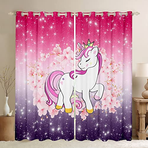 Einhorn Vorhänge Glitzer Verdunkelungsvorhänge Kirschblüten Vorhänge Gardinen Kinder Karikatur Kawaii Tier Vorhang Ombre Galaxie Sterne Fantasie Mädchen ästhetisch Rosa Lila 55 x 69,2 Paneele