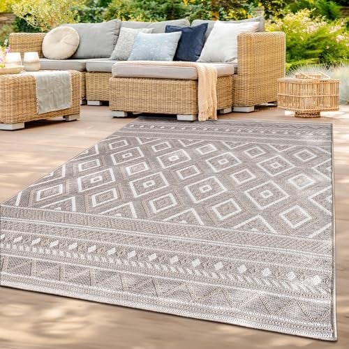 TT Home In-& Outdoor Teppich Wetterfest Balkon Küche Wohnzimmer Boho Rauten Design, Farbe: Sand, Größe:80x150 cm