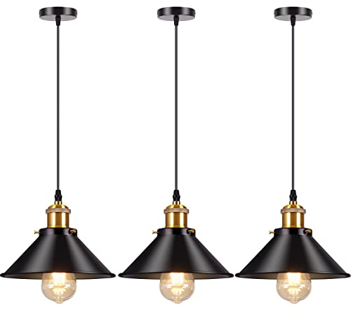 AWEKLIY 3 Piezas Lámpara Colgante Industrial E27 Base Retro Lámpara Colgante Ø22cm Lámpara colgante de metal Lámpara de iluminación para el hogar Cocina Comedor Dormitorio Baño (Negro)