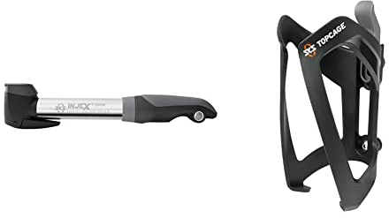 SKS GERMANY INJEX T-Zoom Kompaktpumpe (Aluminium/Zweikomponentenkunststoff, Druck max.:10 bar / 144 PSI, Teleskop-Funktion), Silber & TOPCAGE Flaschenhalter für Fahrräder