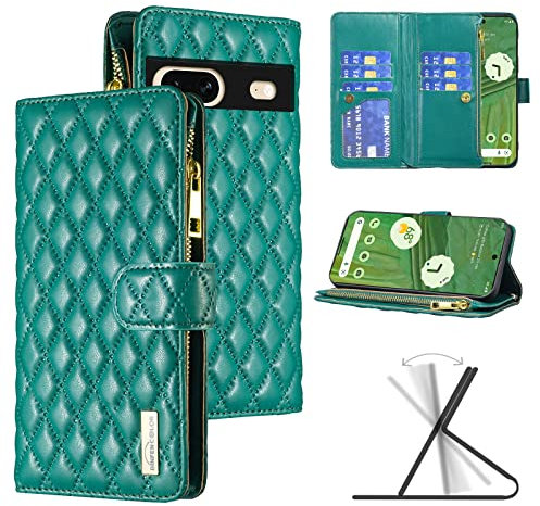 CASAFUNY Coque pour Google Pixel 7, Housse en Cuir Téléphone Portable Etui Protection Housse Pixel 7 Magnetique Flip Portefeuille Etui avec Fentes de Cartes, Vert