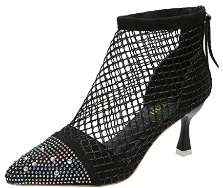 Atmungsaktiv Mesh Rückenreißverschluss Kurze Stiefel Strass High Heel Coole Stiefel Quad Rollschuh Günstig (Black, 37)