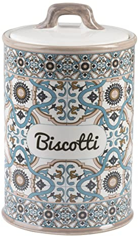 Baroni Home Barattolo Da Cucina Ceramica Decorata Linea Noto, Barattolo Biscotti Chiusura Ermetica, 11x11x17 cm