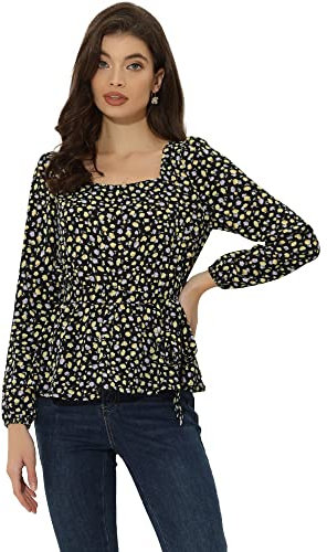 Allegra K Damen Langarm Square Neck Bindegürtel Blumen Peplum Top Bluse Schwarze XS