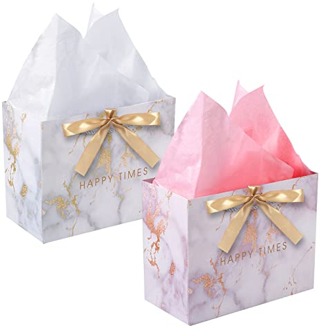 HuaJiao 2 Pack Gift Bags, Medium Paper Present Bags with 2 Tissue Paper and Bow Ribbon for Birthday Valentines Day Mothers Day Wedding (25 X 20 X 12 cm), White Pink