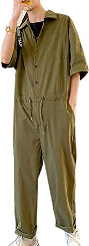 ttricche Mens Long Sleeve Overall Work Wear Lapel Boilersuit Coverall Boiler Suit Drawstring Coveralls with Pockets Button Workwear (Green,M,M)