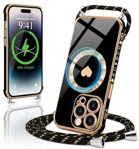 Micoden Magnetische Handykette für iPhone 14 Pro Necklace Hülle mit Band kompatibel mit Magsafe Kameraschutz Galvanik Herz Silikon Case Kordel zum Umhängen Handyhülle Stoßfeste Schutzhülle,Schwarz
