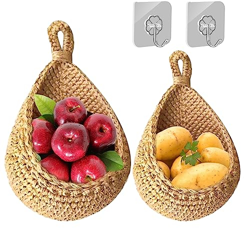 Mafagwre 2 Stück Obstkorb Hängend Korb Geflochten,obstkorb Wand Hängekorb Mit Haken,Handgewebt Küche Aufbewahrung Wandkorb Obstkörbe,Gemüse Aufbewahrung Organisation Deko,Fruit Basket (M+L)