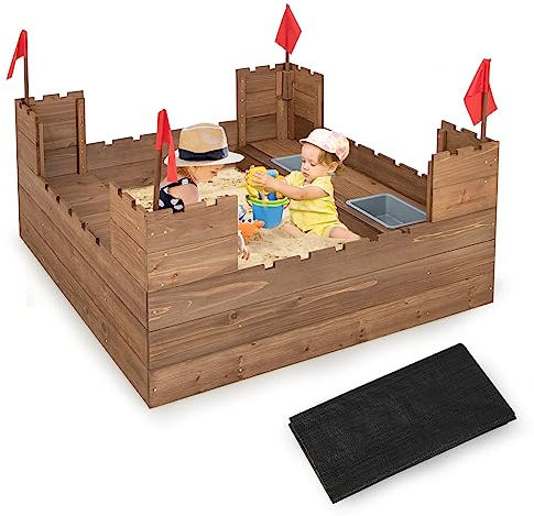 GOPLUS Bac à Sable en Bois Massif pour Enfants avec 2 Bancs, Bac à Sable Extérieur avec Boîte de Rangement et Drapeaux, Doublure de Protection pour Jardin, Plage, Cour, 113X116,5X73,5CM