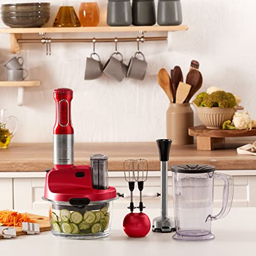 Karaca Mastermaid ProSteel Robot Cuisine Multifonctions 2500W, Blender Pied Extra-Long, 6 Lames, Bol Verre 1,5L, Bocal Smoothie 1,2L, Hachoir, Râpe, Trancheuse, Fouet, Imperial Red