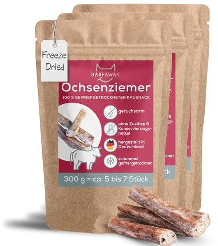 BARFAWAY Ochsenziemer, gefriergetrockneter Langer Kausnack für Hunde, 100% natürlich ohne Zusätze, Deutsche Herstellung, geruchsneutral, 3er Pack (3 x 300 g)