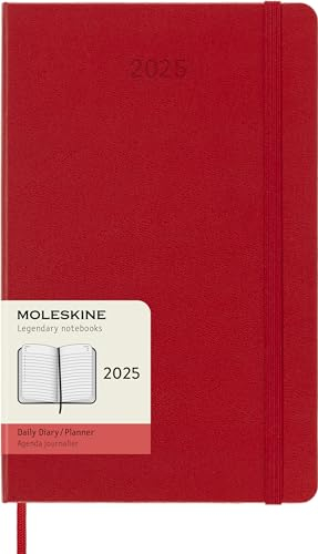 Moleskine Daily Planner, 12 Monate Tagesplaner 2025, Fester Einband und Elastischer Verschluss, Farbe ScharlachRot, Großes Format 13x21 cm