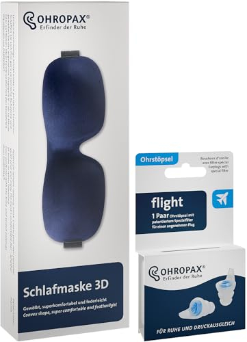 Ohropax Reise Bundle 2er Set - 1 Paar Ohropax flight Ohrstöpsel mit patentiertem Spezialfilter für das Fliegen - 1xSchlafmaske 3D blau - dunkelt vollständig ab