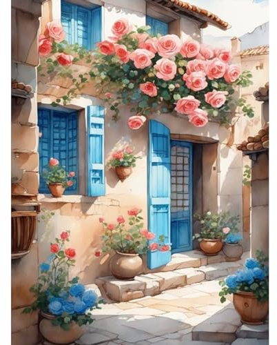 TOSTOG 5D DIY Diamond Painting Kits for Adults,House and Flowers Full Drill Diamond Art Kit Diamond Crystal Rhinestone Arts and Crafts Picture for Home Wall Decor 30x40cm/12x16inch