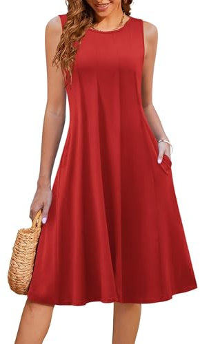 Hotouch Sommerkleid Damen Leicht Strandkleid Midi Tank Kleid Sommer Elegant Falten Jerseykleid Mit Taschen Umstandskleid Rot XXL
