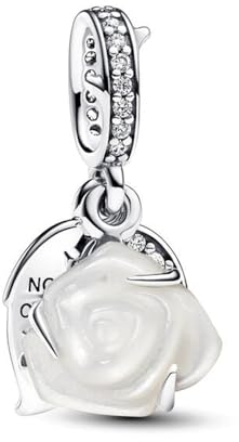 Feitery Weiße Rose in Blüte Double Dangle Charms Herz Anhänger Armband Geschenke zum Muttertag