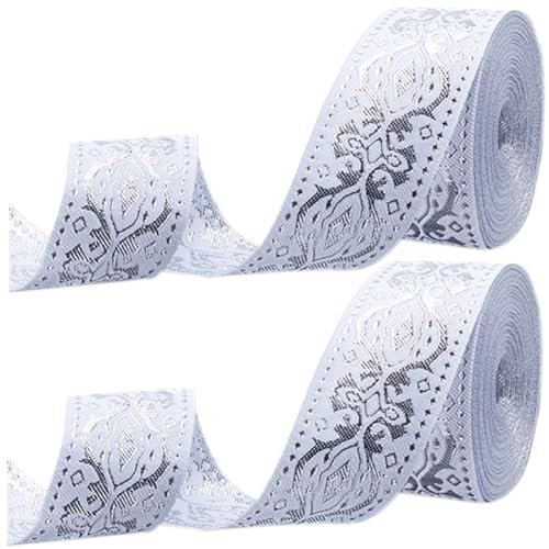 GORGECRAFT Ripsband Aus Jacquard 14m X 3.3cm Metallisch-Silberfarben Ethnisch Bestickt Gewebte Satinrolle Boho-Stoff Blumenmuster Nähband Wickelband Besatz Für Heimwerker Heimvorhang-Dekoration