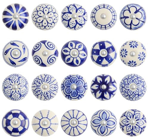 Boutons de mueble vintage en céramique peints à la main, Parfaits comme bouton de tiroir, armoires, portes de cuisine et bouton de commode. Lot de 20 boutons avec diverses nuances de bleu.
