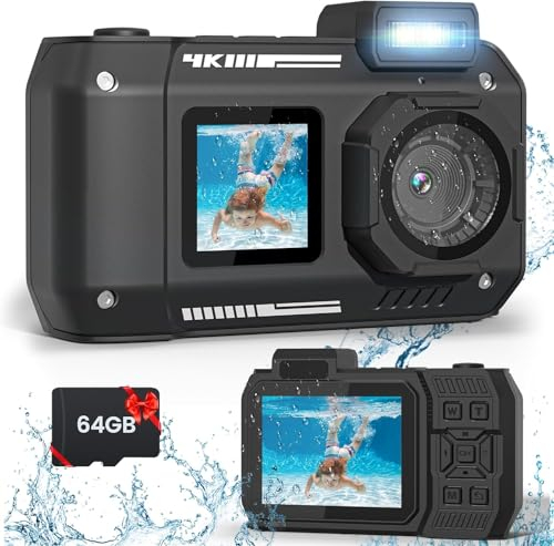 Fotocamera subacquea 4K 65MP impermeabile da 33 m, robusta, antipolvere, antiurto, con scheda da 64 G, fotocamera subacquea per snorkeling autofocus selfie doppio schermo subacqueo fotocamera digitale