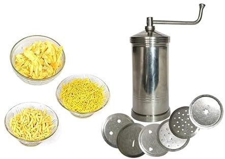 BRACOP® Edelstahl-Nudelmaschine, manuelle Nudelmaschine mit 7 Nudelformen, indische Sev Sancha Gathiya, manuelle Nudelmaschine, Küchenkochutensilien mit verschiedenen Formen,Pasta Maker Set