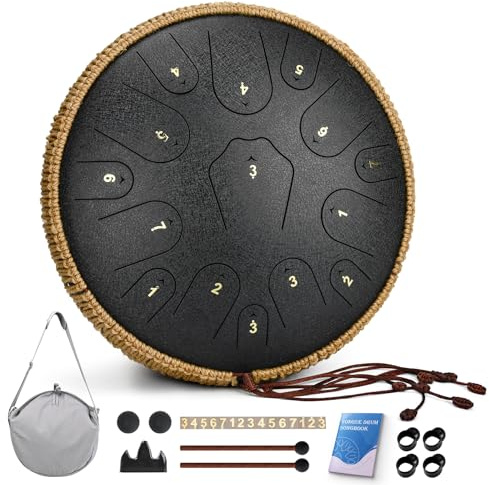 Steel Tongue Drum-14 Zoll 15 Noten Zungentrommeln, Stahltrommel Instrument für Erwachsene, Handpan Drums mit Notenbuch, Handpan Drum Mallet und Tragetasche, C-Dur (Schwarz)