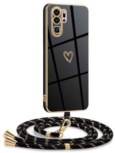 Mkej Hülle Kompatibel mit Huawei P30 Pro Hülle mit Band, Galvanik Silicone Handyhülle mit Herz Love Design, Abnehmbar und einstellbar Handykette für Huawei P30 Pro - Case in Schwarzes Gold