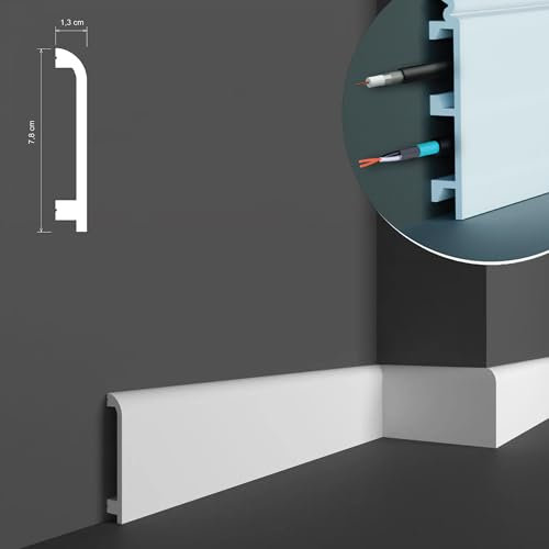 Battiscopa da 2 metri, misure 7,8 x 1,3 cm, zoccolino in duropolimero hdps (più resistente del pvc e legno) bianco pitturabile, non fa muffa, con spazio per passaggio cavi - HCR519