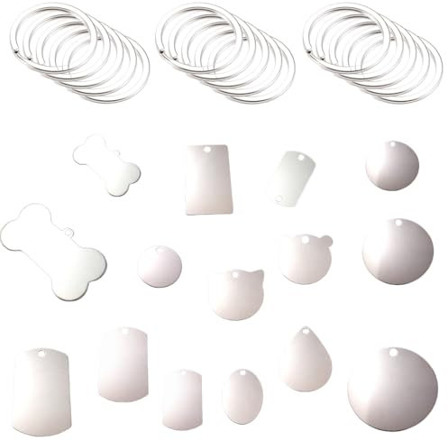 NJCXOLA 15 Piezas Etiquetas en Blanco de Acero Inoxidable 20 Piezas Etiqueta en Blanco Rectangulares en Blanco Etiquetas de Aluminio Medallones Circulares para Grabar Placa de Etiquetas con Llavero