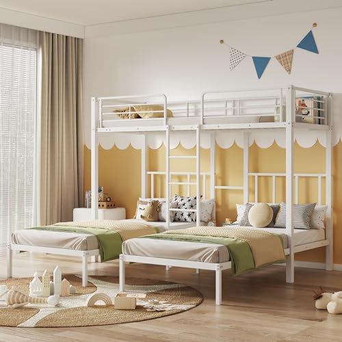 90x200cm*3 Dreierbett, Dreifaches Etagenbett mit Leiter für Kinder und Jugendliche, Eisenbett mit Fallschutzgitter und Tisch (Weiß)