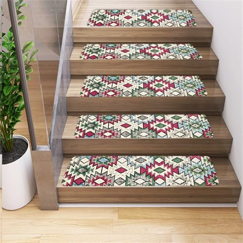 Odot Treppenstufen Matten, Bunte Retro-Geometrie Stufenmatten, Treppenteppich, Gummimatte Außenbereich, Stufenmatten Innen, 100% Polyester TPU -Rücken für Kinder, Älteste Haustiere (14pc,Rot)