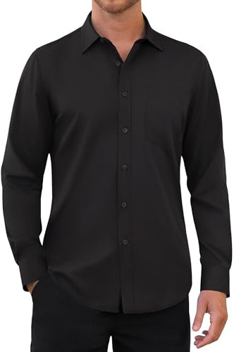 siliteelon Mens Shirts Black Shirt Long Sleeve Work Regular Fit Casual Business Formal Dress with Pocket Funeral Shirt L