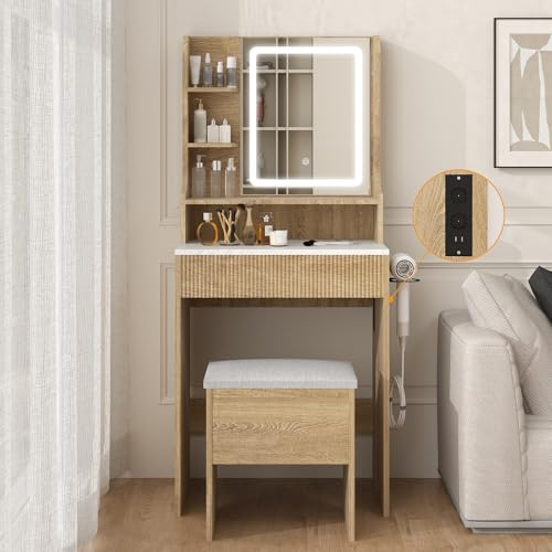 Fullwatt Schminktisch mit Beleuchtung und Steckdose, Frisiertisch mit Spiegel, 1Schubladen und 3Ablageböden, 3 Farben, Einstellbarer Helligkeit, Hocker mit Stauraum Ausgestattet und Haartrocknerhalter