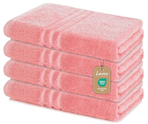 Lavea Lot de 4 Serviettes de Douche - 70 x 140 cm - 100% Coton - Serviettes éponge Douces et absorbantes - 500 g/m² - Uni et Bicolore - Certifié Öko-Tex - Lavable jusqu'à 60 °C - Vieux Rose