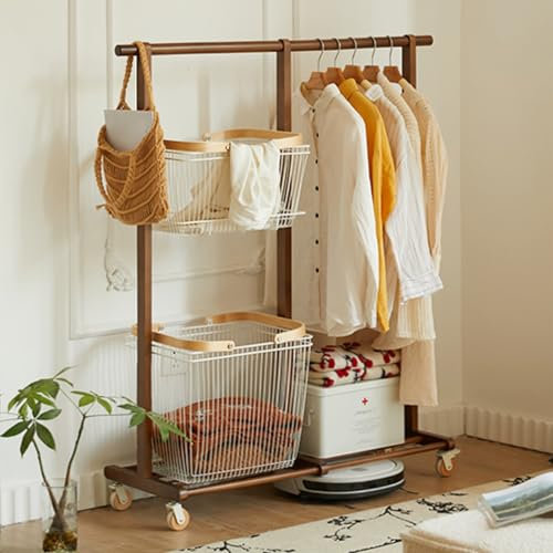 LXRHLIKG Portant Vetement, Porte-Manteau sur Pied sur roulettes, 2 Paniers à Linge Sale, Portant a Vetement Rangement 3 en 1 en Bois Massif(Brown,163cm/64in)