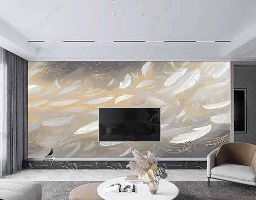 Papier Peint Intissé Plumes De Platine Poster Tableaux Muraux Tapisserie Photo Trompe L'Oeil Salon Chambre Art Mural 150Cm(L) X105Cm(H)