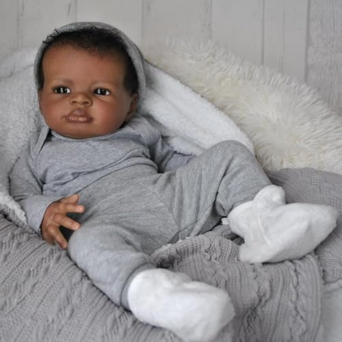Zero pam Reborn Baby Puppe Schwarze Jungen, 50CM Schwarze Babypuppe Weichkörper Augen Auf, Lebensgroße Babypuppen Mit Wurzelndem Haar, Lebensechte Dunkelhäutige Puppe Ab 3 Jahre