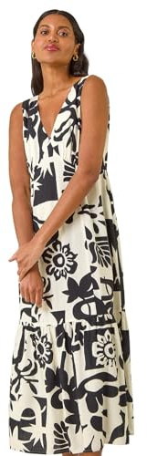 Roman Originals Abstract Tiered Midi Dress for Women UK - Ladies Everyday Holiday Spring Summer V-Neckline Comfy Soft Evening Vacation Work Party - Ivory - Size 18