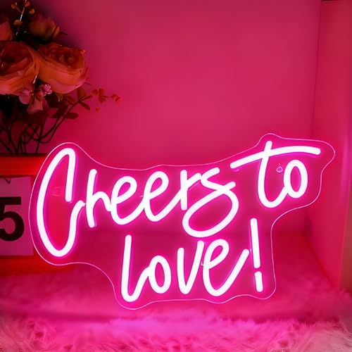 Cheers to Love Neon Schild, LED Rosa Love Neon Sign für Wand Deko, Dimmbare Brief Neonlichter USB Power für Schlafzimmer Wohnzimmer Home Bar Hochzeit Vorschlag Geburtstags Party