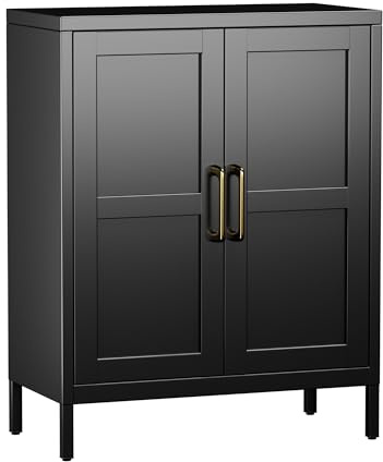 Aobabo Badezimmerlagerschrank mit 2 Türen und 2 verstellbaren Regalen - 90 cm hoch weiß Wohnzimmer Lagerschrank, 3 -stufige hohe Stahlschränke für die Küche (90H, Black)